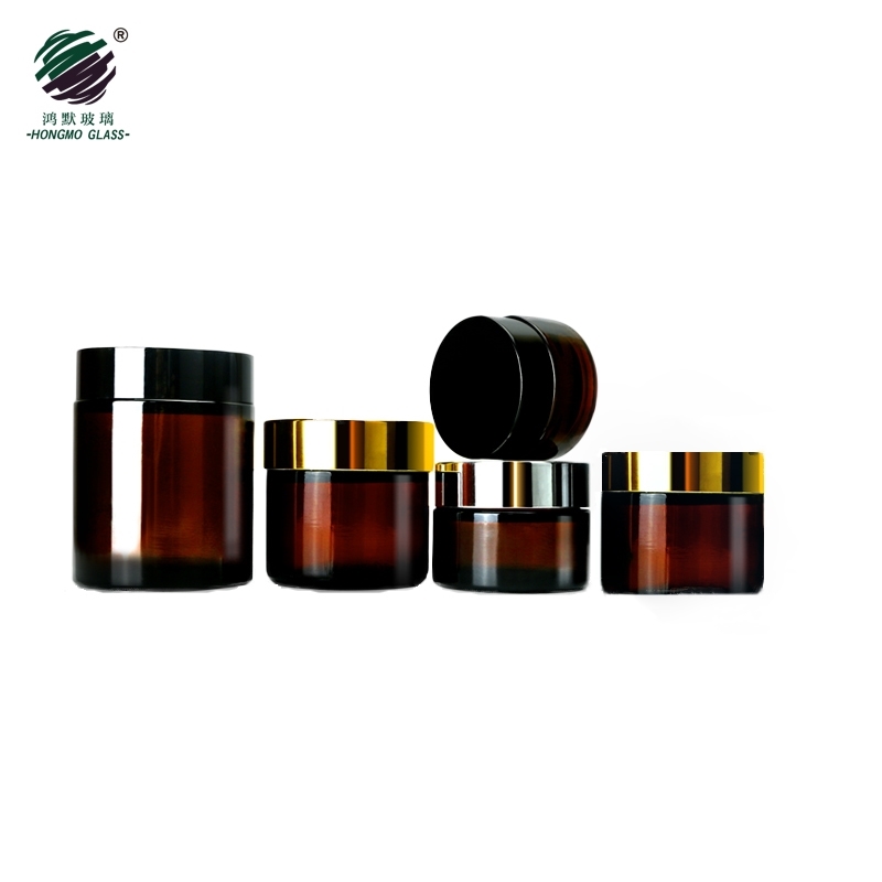 20ml 30ml 50ml 60ml 100ml cosmetic container facial cream jars amber glass jar with gold metal aluminum lids black caps in stock