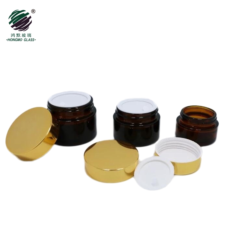 20ml 30ml 50ml 60ml 100ml cosmetic container facial cream jars amber glass jar with gold metal aluminum lids black caps in stock