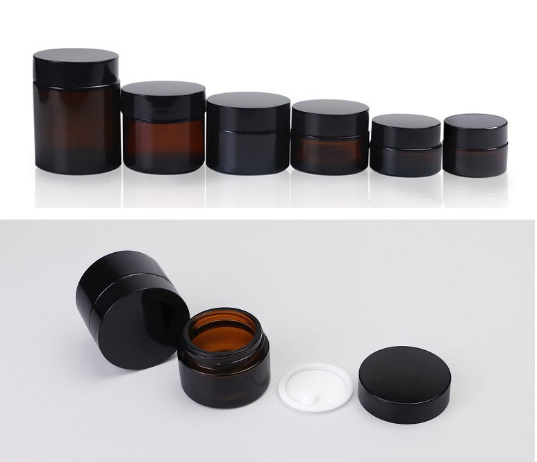 20ml 30ml 50ml 60ml 100ml cosmetic container facial cream jars amber glass jar with gold metal aluminum lids black caps in stock