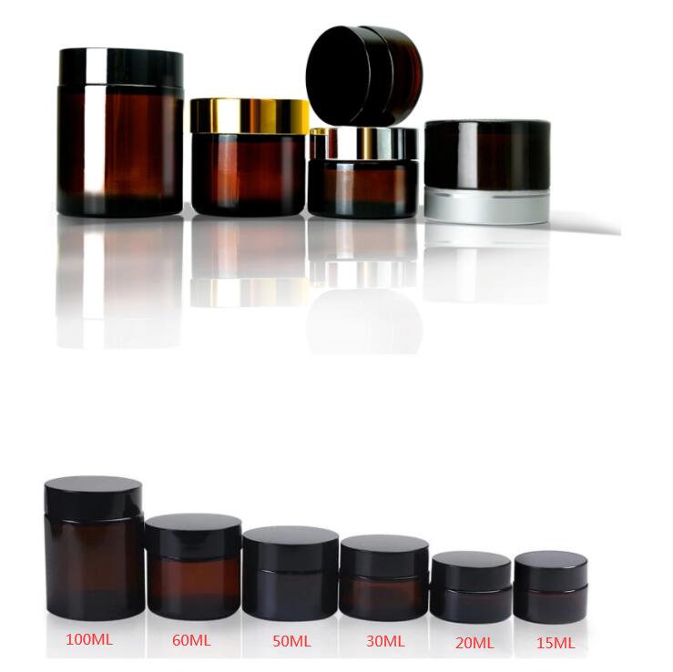 20ml 30ml 50ml 60ml 100ml cosmetic container facial cream jars amber glass jar with gold metal aluminum lids black caps in stock