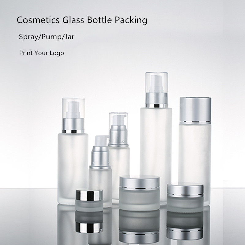 20ml 30ml 50ml 80ml 100ml 120ml frosted cosmetics glass bottle packing and 5g 10g 20g 30g 50g cream jar with UV silver lid