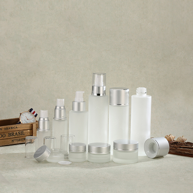 20ml 30ml 50ml 80ml 100ml 120ml frosted cosmetics glass bottle packing and 5g 10g 20g 30g 50g cream jar with UV silver lid