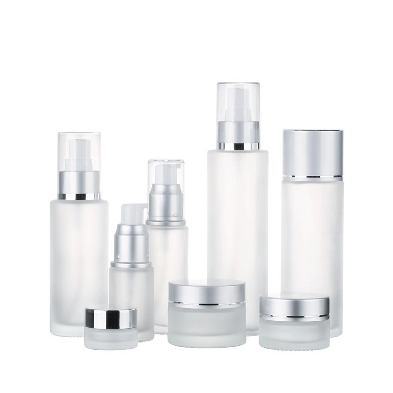 20ml 30ml 50ml 80ml 100ml 120ml frosted cosmetics glass bottle packing and 5g 10g 20g 30g 50g cream jar with UV silver lid