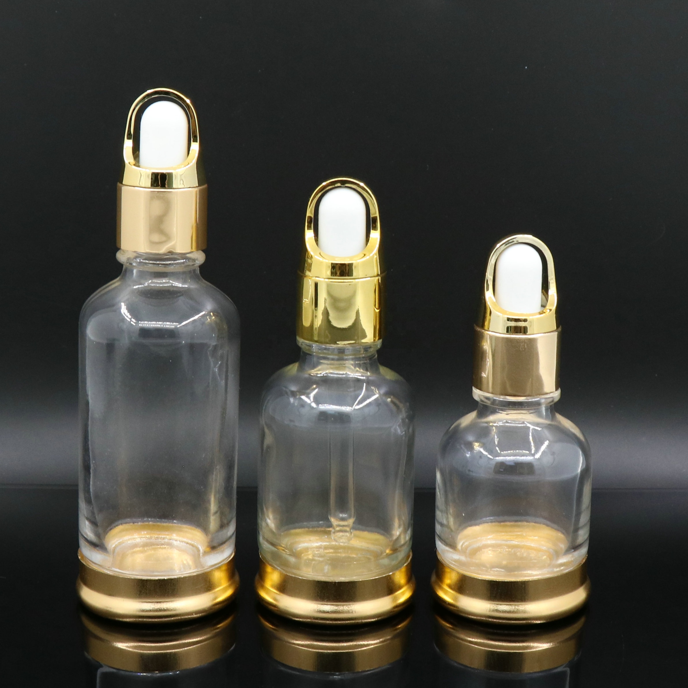 20ml 30ml 50ml Elegant Clear Cosmetic Glass Essential Oil Dropper Bottles With Gold Base