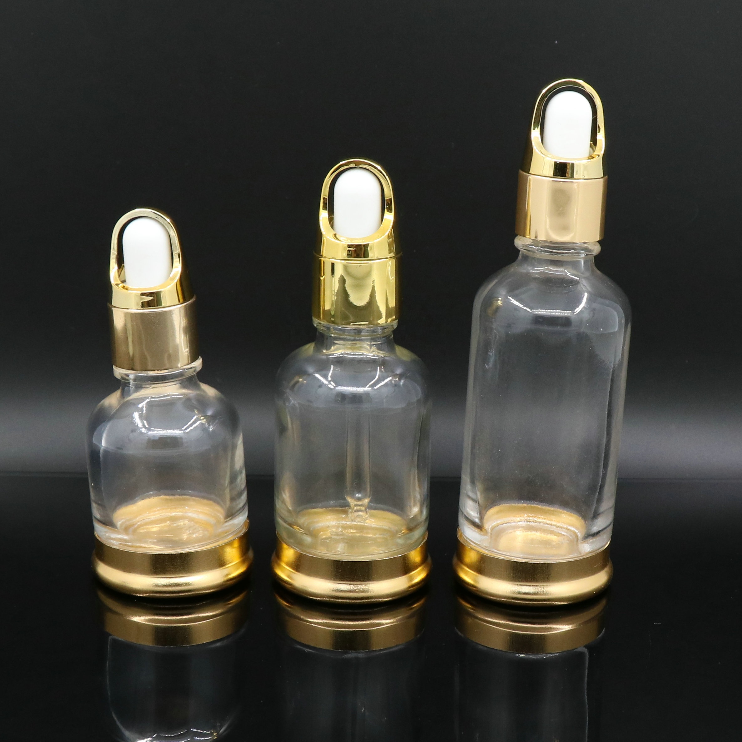 20ml 30ml 50ml Elegant Clear Cosmetic Glass Essential Oil Dropper Bottles With Gold Base