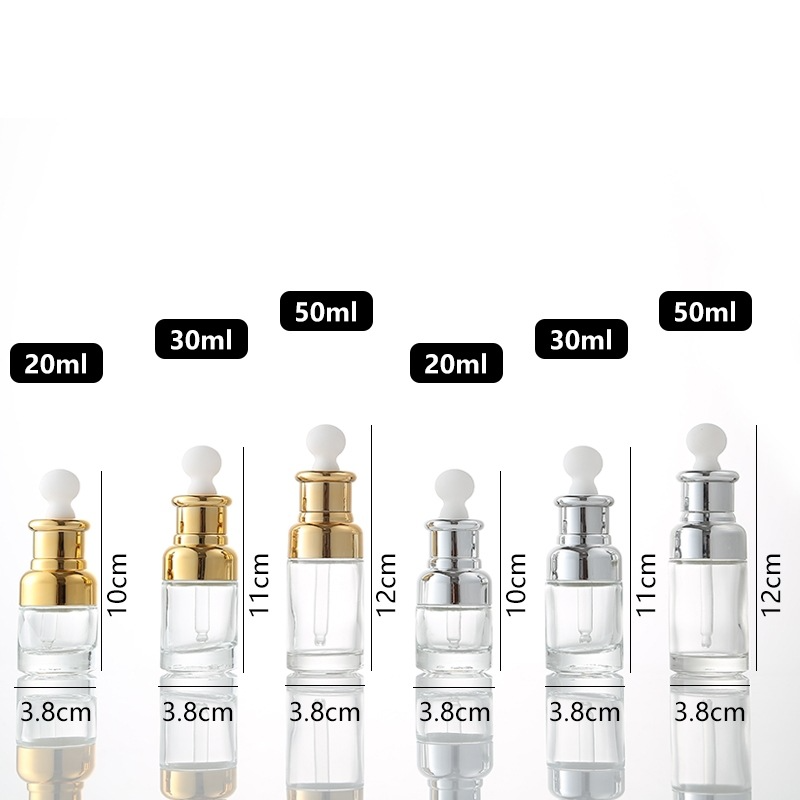 20ml 30ml 50ml OEM or ODM Gold or silver balloon glue head transparent glass dropper Essential oil or Hair oil bottle