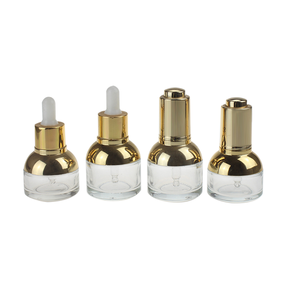 20ml 30ml gold and silver dropper bottle ,wholesale essential oil cosmetic packaging and white rubber cap dropper glass bottle