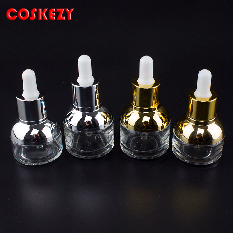 20ml 30ml gold and silver dropper bottle,wholesale essential oil cosmetic packaging and white rubber cap dropper glass bottle