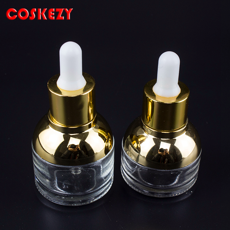 20ml 30ml gold and silver dropper bottle,wholesale essential oil cosmetic packaging and white rubber cap dropper glass bottle