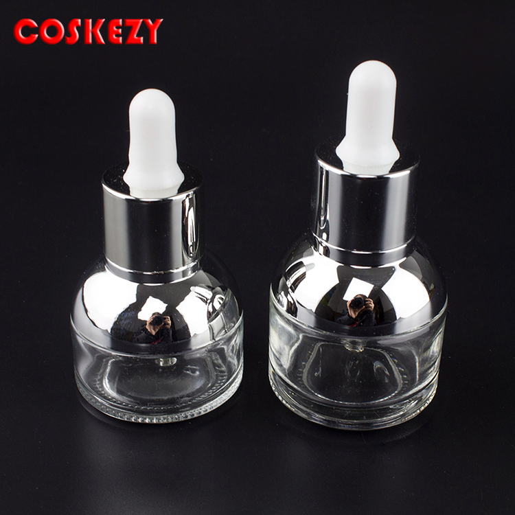 20ml 30ml gold and silver dropper bottle,wholesale essential oil cosmetic packaging and white rubber cap dropper glass bottle