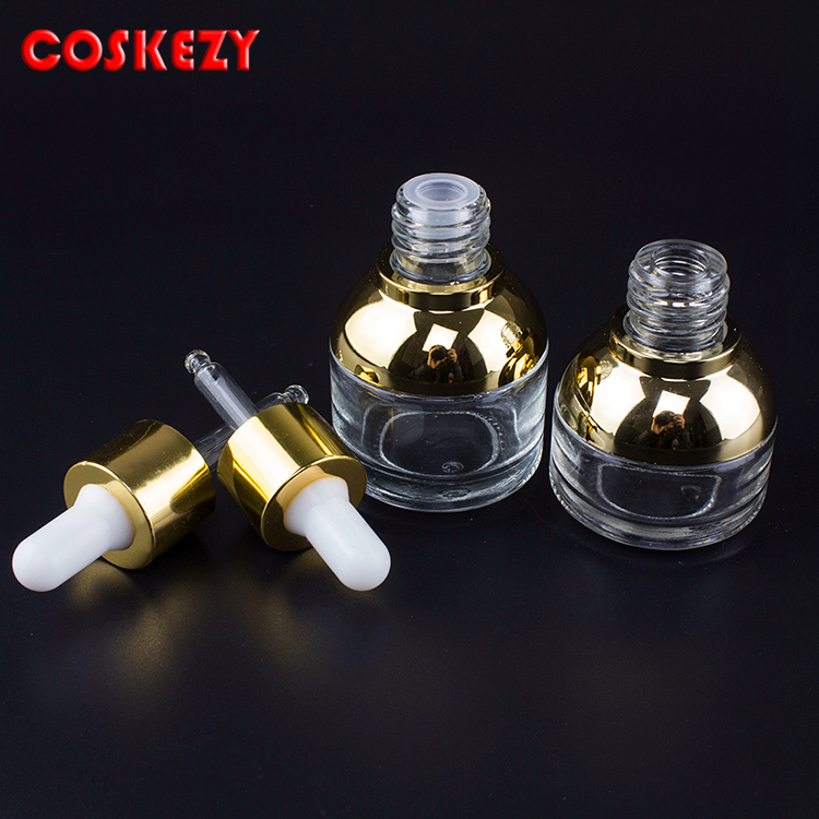 20ml 30ml gold and silver dropper bottle,wholesale essential oil cosmetic packaging and white rubber cap dropper glass bottle
