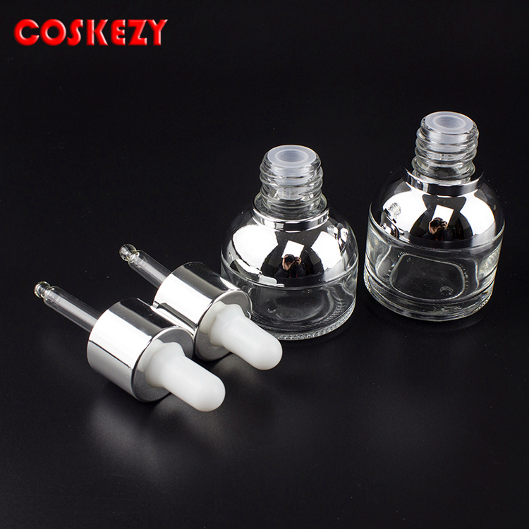 20ml 30ml gold and silver dropper bottle,wholesale essential oil cosmetic packaging and white rubber cap dropper glass bottle