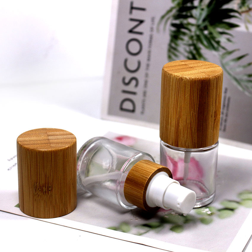 20ml clear glass bamboo cover spray bottle cosmetic skin care cream lotion packaging container with customizable label