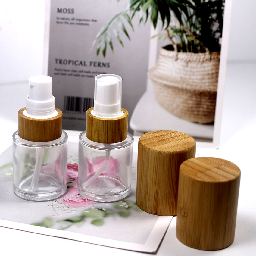 20ml clear glass bamboo cover spray bottle cosmetic skin care cream lotion packaging container with customizable label