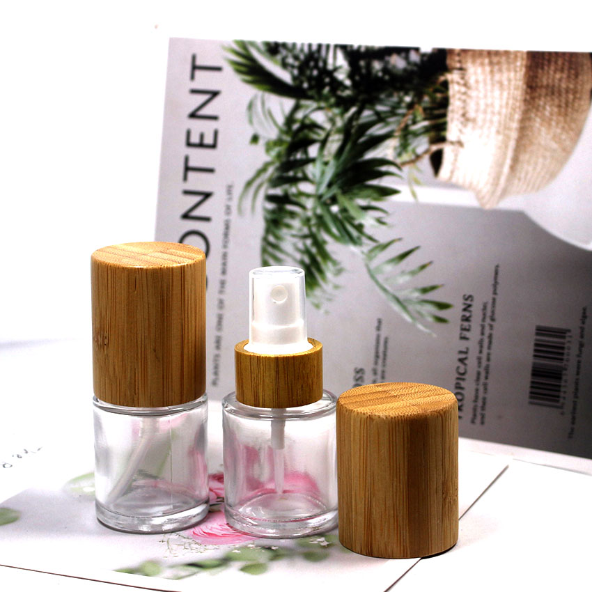 20ml clear glass bamboo cover spray bottle cosmetic skin care cream lotion packaging container with customizable label