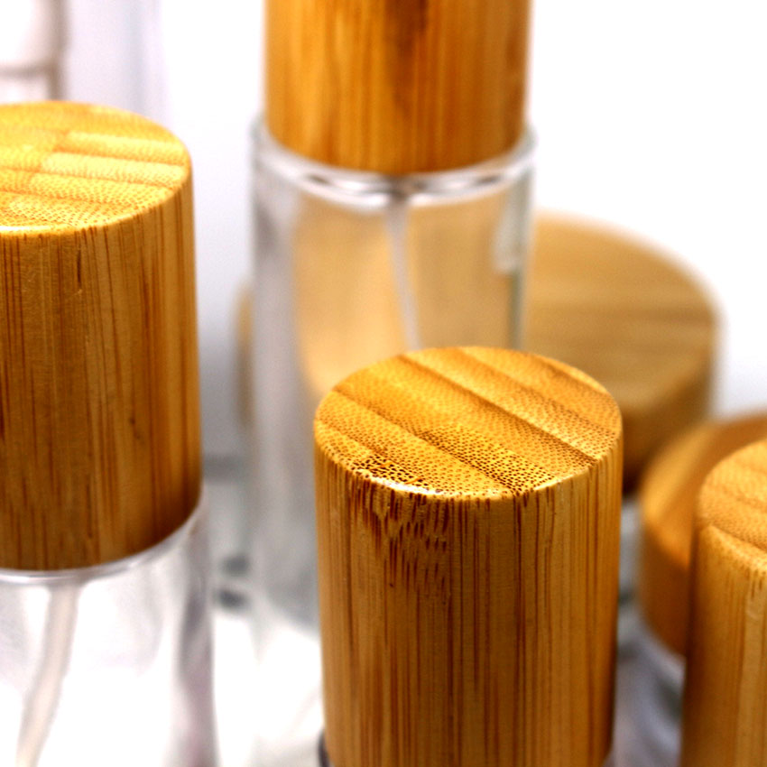 20ml clear glass bamboo cover spray bottle cosmetic skin care cream lotion packaging container with customizable label