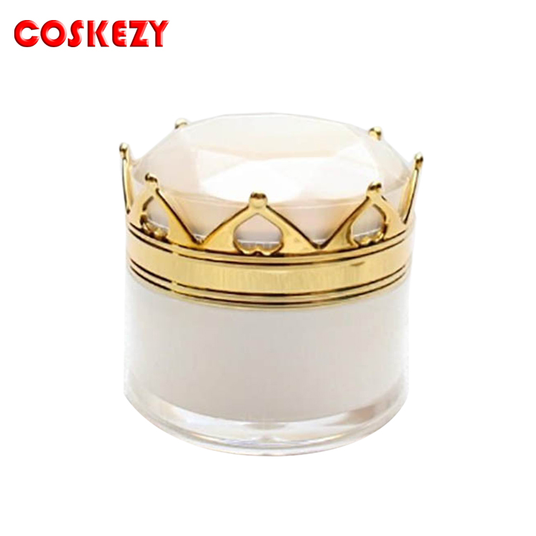 20ml pearl white crown shape acrylic jar ,luxury 20g gold plastic cosmetic jar for eye cream, essence gel night cream packing