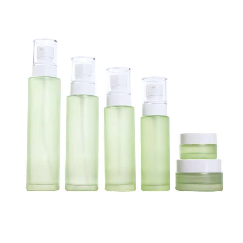 20ml30ml40ml60ml80ml100ml120ml Frosted/spray/pump green traveling cosmetics glass bottle set