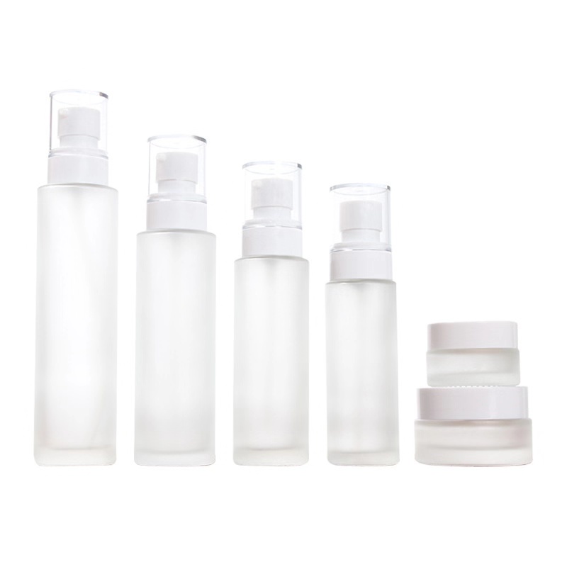 20ml30ml40ml60ml80ml100ml120ml Frosted/spray/pump green traveling cosmetics glass bottle set