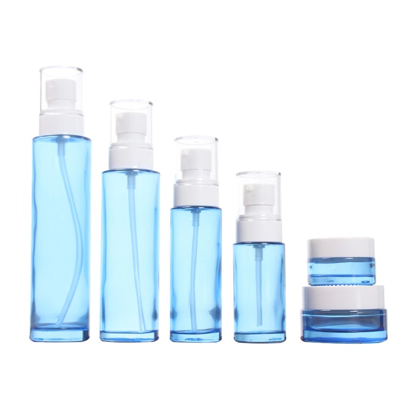 20ml30ml40ml60ml80ml100ml120ml Frosted/spray/pump green traveling cosmetics glass bottle set