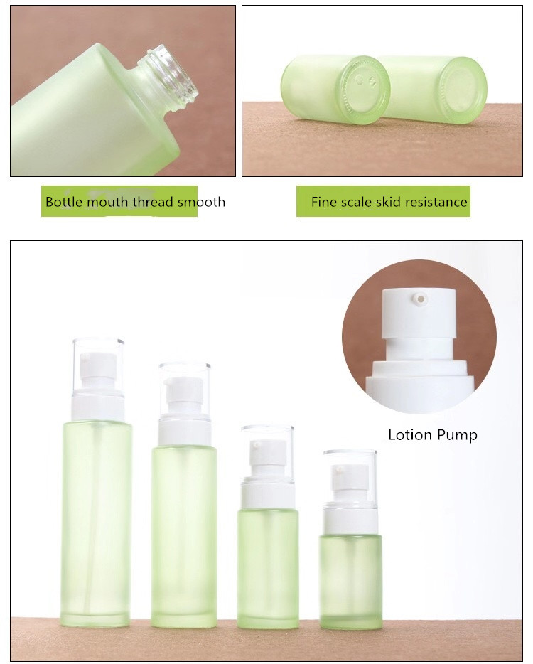 20ml30ml40ml60ml80ml100ml120ml Frosted/spray/pump green traveling cosmetics glass bottle set
