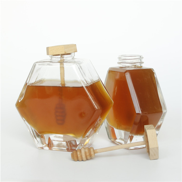 220ML 380ML Glass Honey Bottle Hexagonal Jar Glass for With Wooden Lid