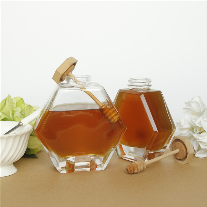 220ML 380ML Glass Honey Bottle Hexagonal Jar Glass for With Wooden Lid
