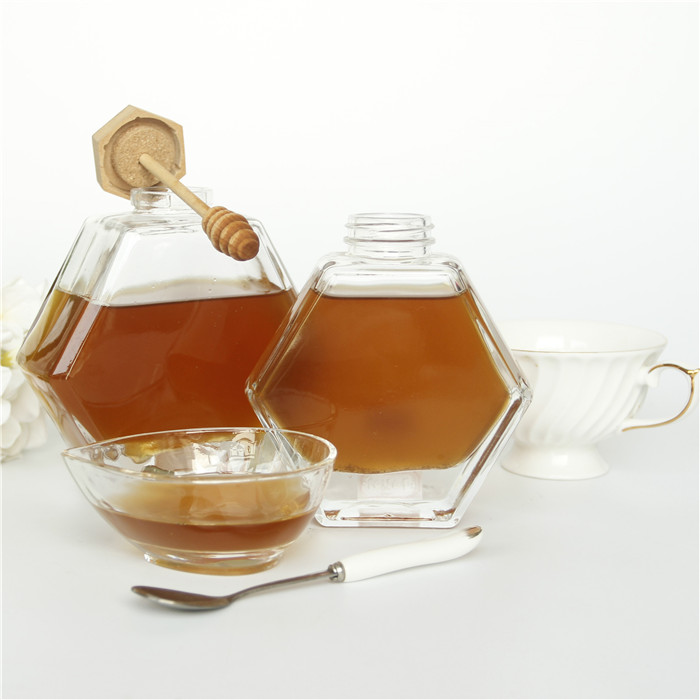 220ML 380ML Glass Honey Bottle Hexagonal Jar Glass for With Wooden Lid