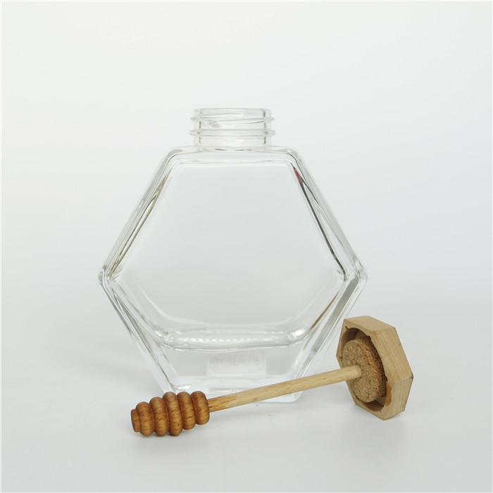 220ML 380ML Glass Honey Bottle Hexagonal Jar Glass for With Wooden Lid