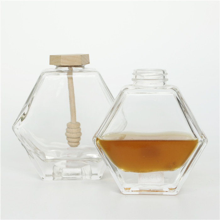 220ML 380ML Glass Honey Bottle Hexagonal Jar Glass for With Wooden Lid