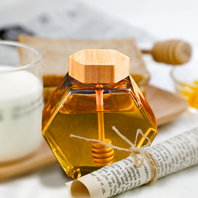 220ML/380ML Hexagonal Glass Honey Bottle with Wooden Stirring Rod Honey Packaging Bottle