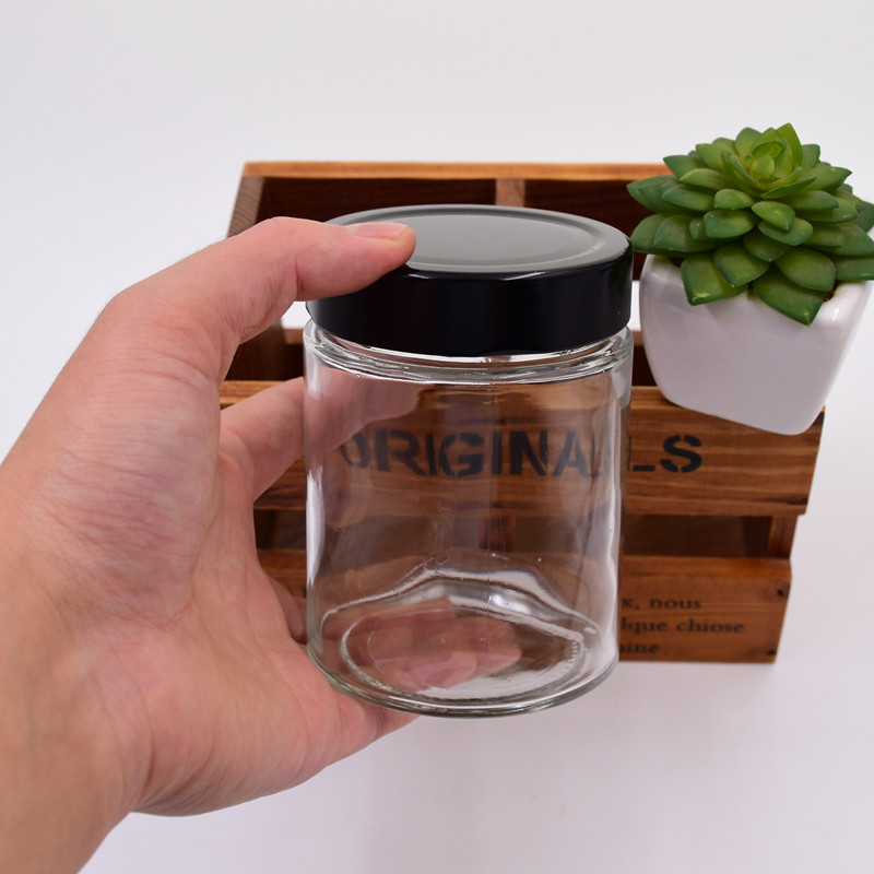 220ML clear round Store jam grain chili sauce dried fruit with high black lid customize the color of the sauce glass JAR