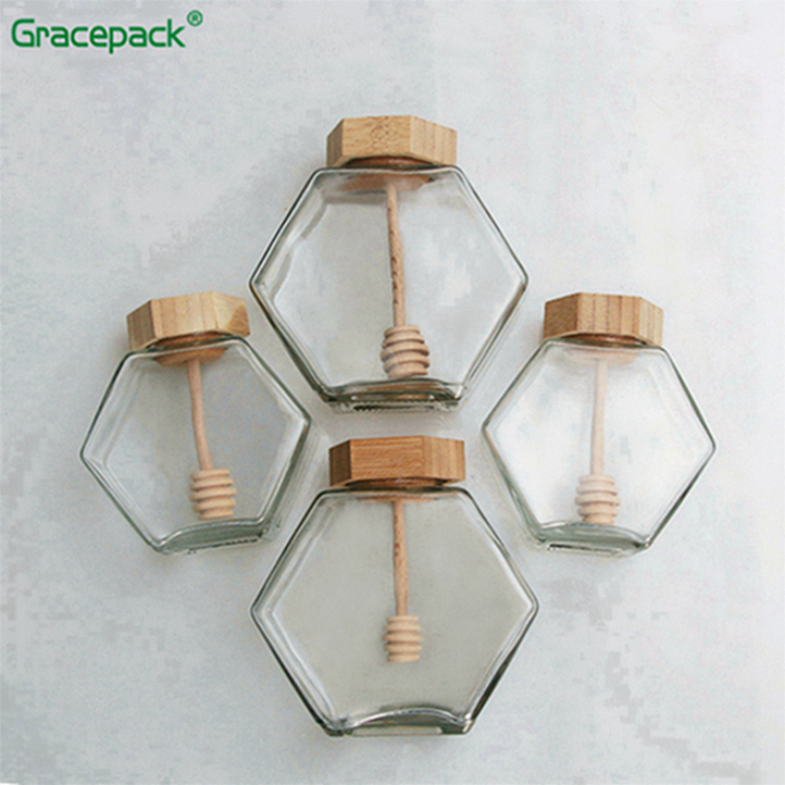 220ml 320ml hexagonal glass jar, used for airtight storage of honey, empty glass honey jar with wooden lid