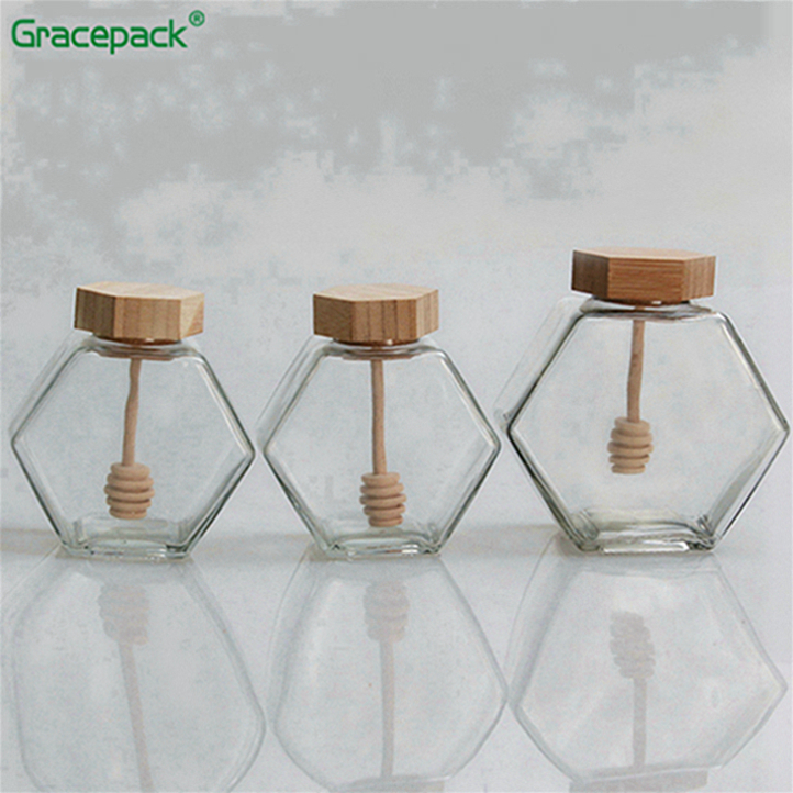 220ml 320ml hexagonal glass jar, used for airtight storage of honey, empty glass honey jar with wooden lid