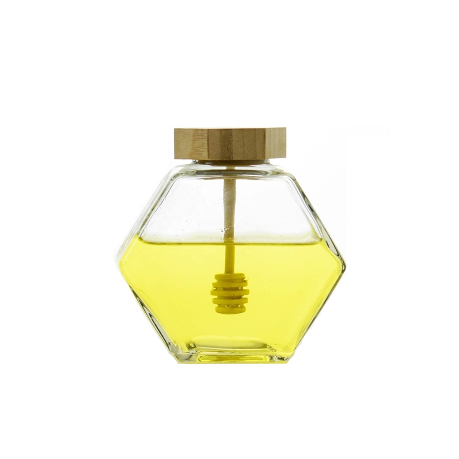 220ml 380ml flat hexagon clear glass jar for jam honey with metal wood dipper