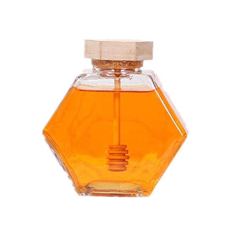 220ml 380ml flat hexagon clear glass jar for jam honey with metal wood dipper