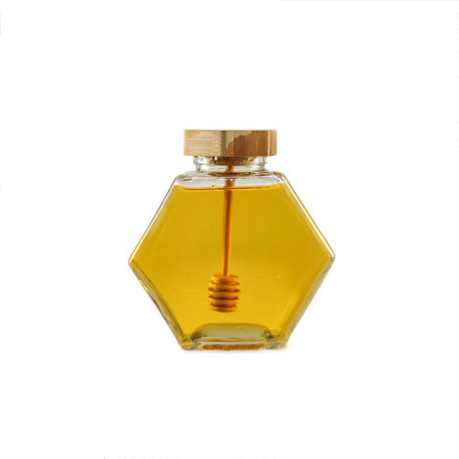 220ml 380ml flat hexagon clear glass jar for jam honey with metal wood dipper