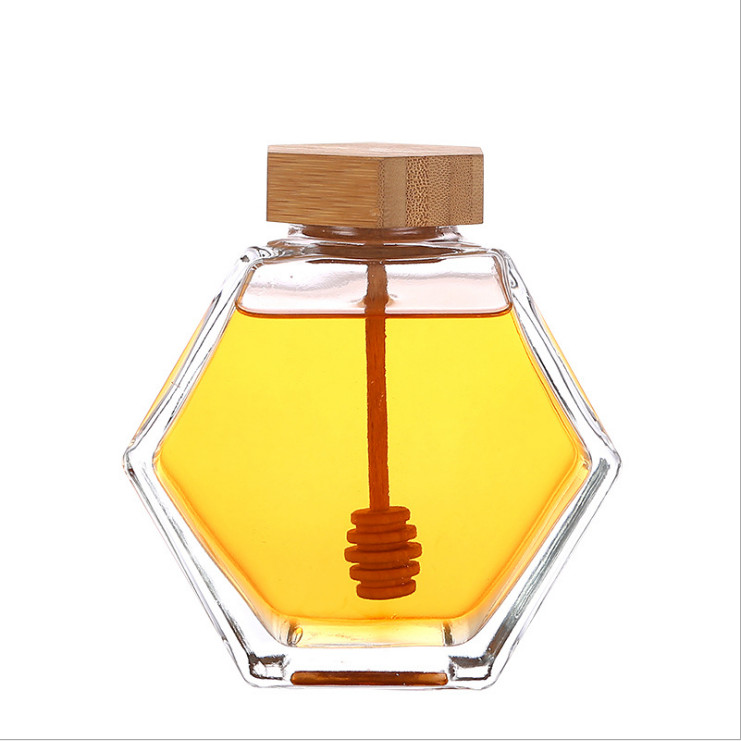 220ml 380ml hexagonal storage glass honey bee jars 350g 500g honey jam jar with wooden lid