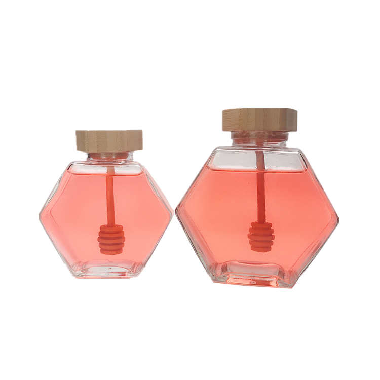 220ml 380ml unique flat hexagonal glass jar for honey with wooden lid