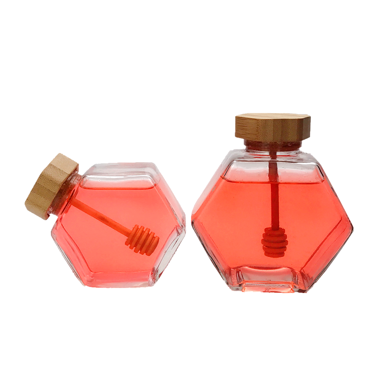 220ml 380ml unique flat hexagonal glass jar for honey with wooden lid