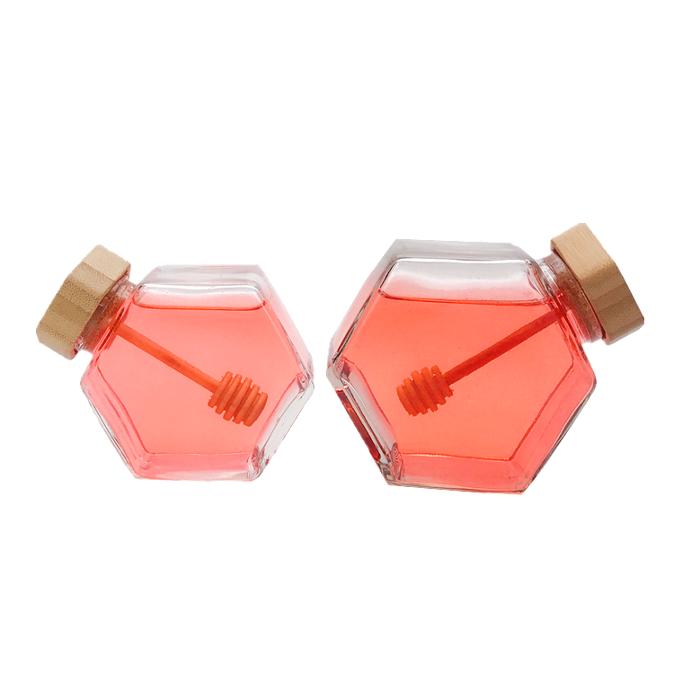 220ml 380ml unique flat hexagonal glass jar for honey with wooden lid