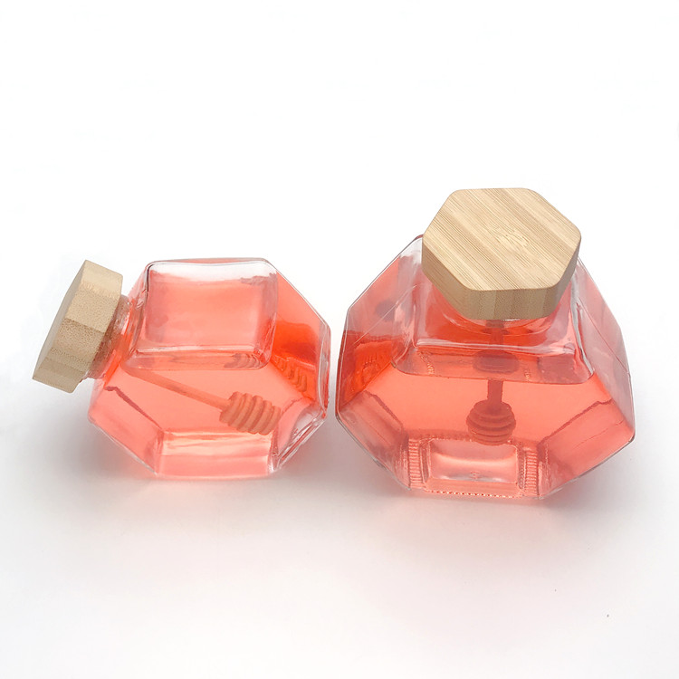 220ml 380ml unique flat hexagonal glass jar for honey with wooden lid
