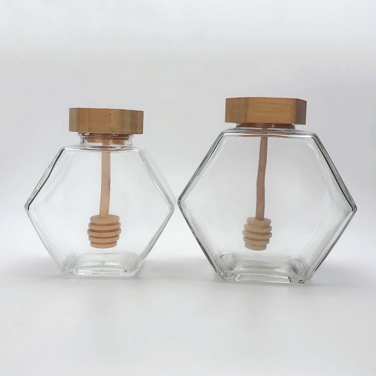 220ml 380ml unique flat hexagonal glass jar for honey with wooden lid