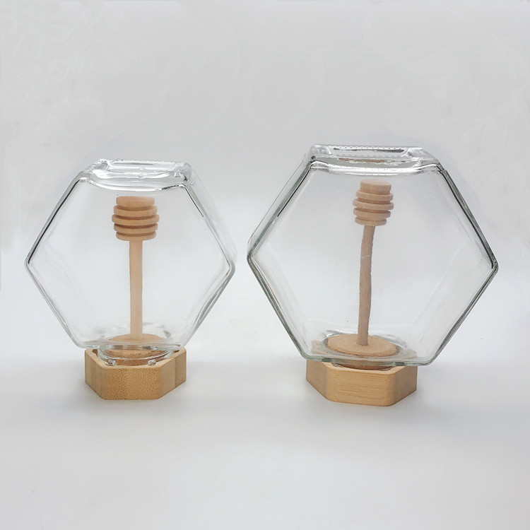 220ml 380ml unique flat hexagonal glass jar for honey with wooden lid