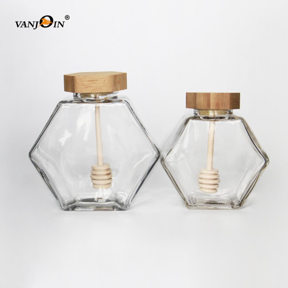 220ml High Quality Hexagonal Honey Glass Decorative Honey Jars With Wood Dipper Lid