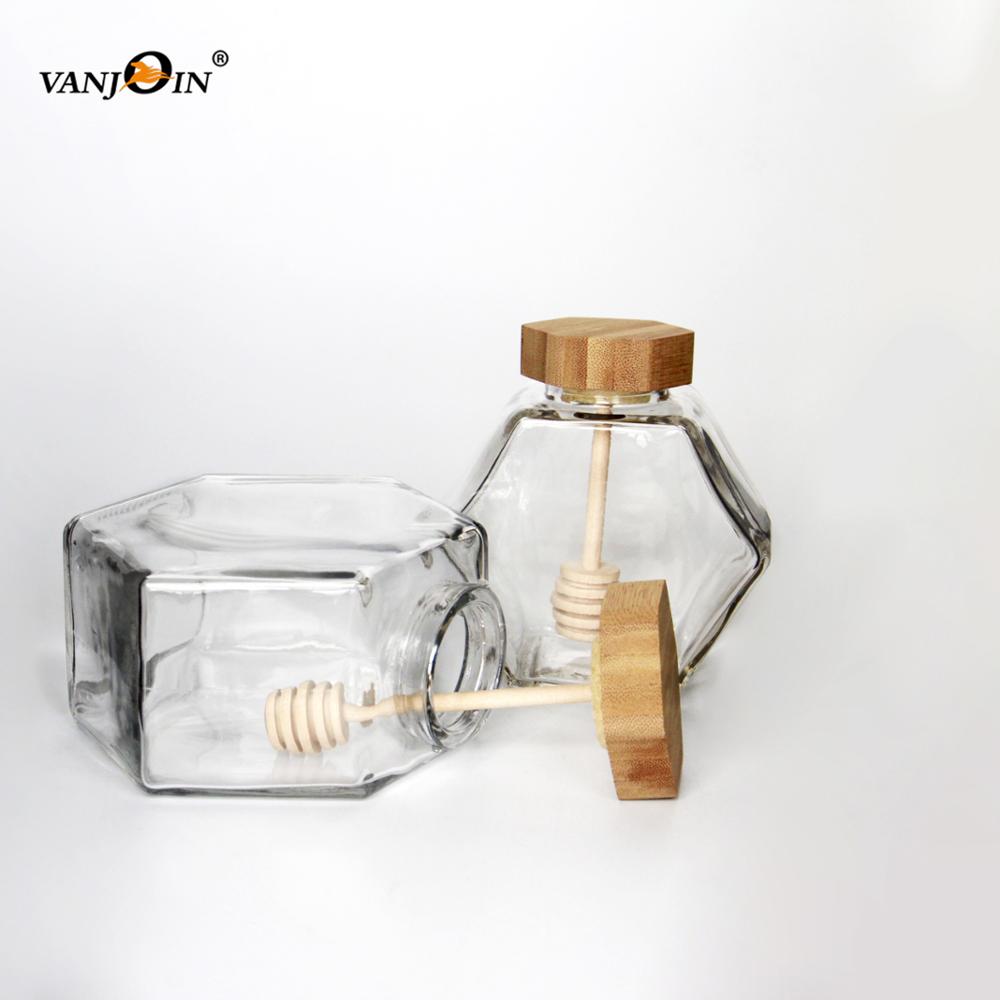 220ml High Quality Hexagonal Honey Glass Decorative Honey Jars With Wood Dipper Lid
