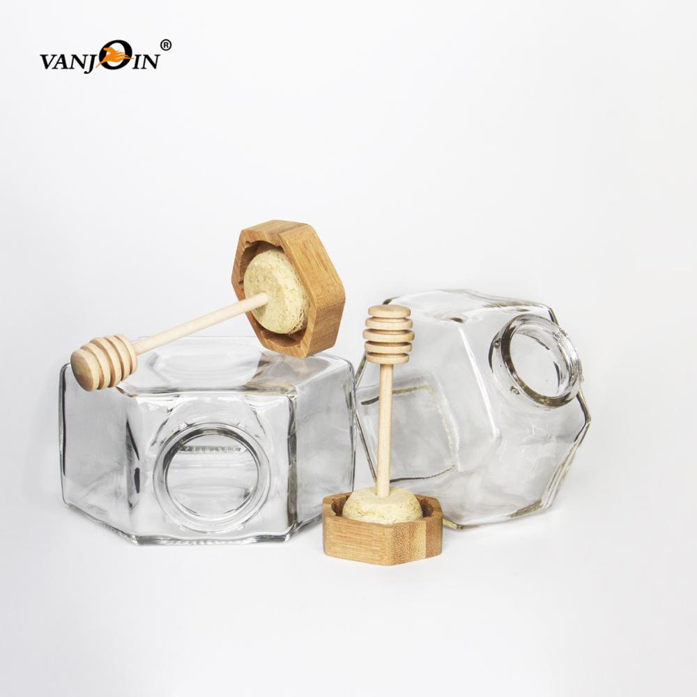 220ml High Quality Hexagonal Honey Glass Decorative Honey Jars With Wood Dipper Lid