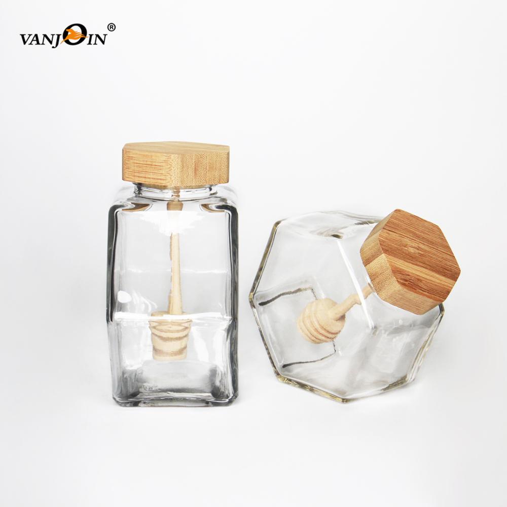 220ml High Quality Hexagonal Honey Glass Decorative Honey Jars With Wood Dipper Lid