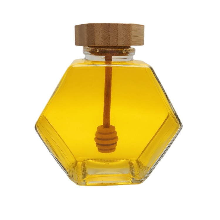 230ml 380ml 300g 500g hexgaon shape glass honey jar with wooden lid cover