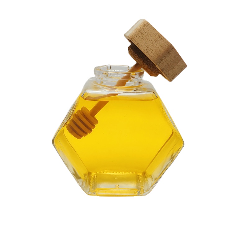 230ml 380ml 300g 500g hexgaon shape glass honey jar with wooden lid cover